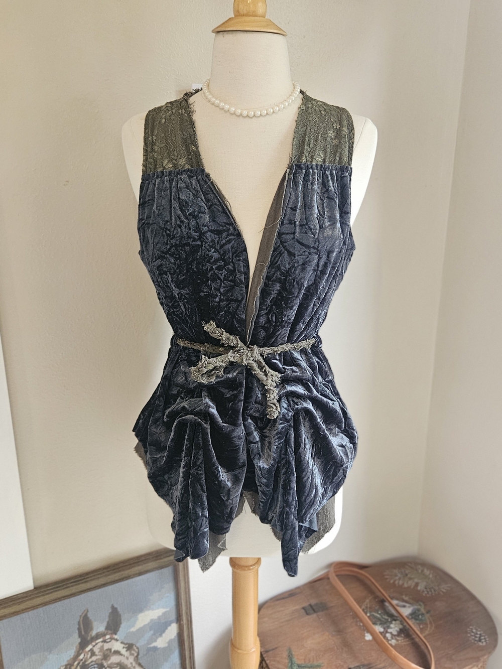 Beautiful Velvet Deep V-Neck Sleeveless Vest in Slate Blue And Olive Green